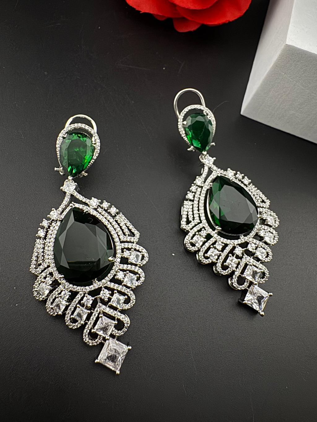 Premium Cubic Zirconia, Glass stone in unique style setting is a statement Drop Dangle earring/Indian/Bridal Jewelry, Bridesmaid Gift