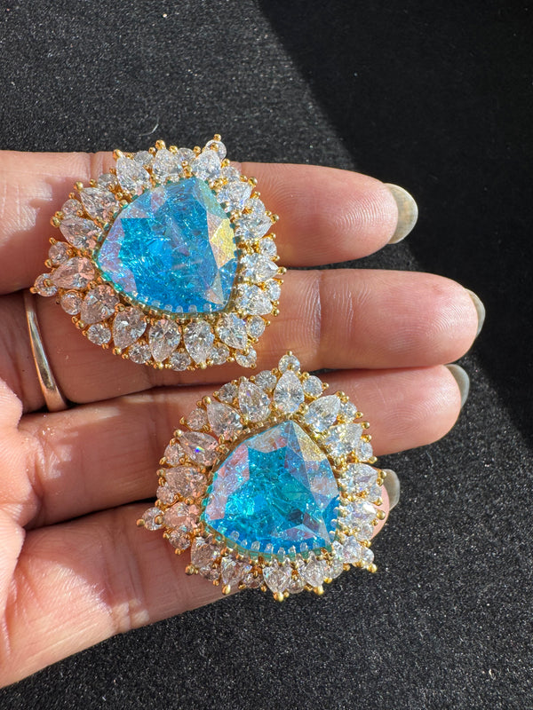 Gold Polish Crystal Stone Stud Earrings, Cubic Zirconia, AD, CZ, Indian Jewelry