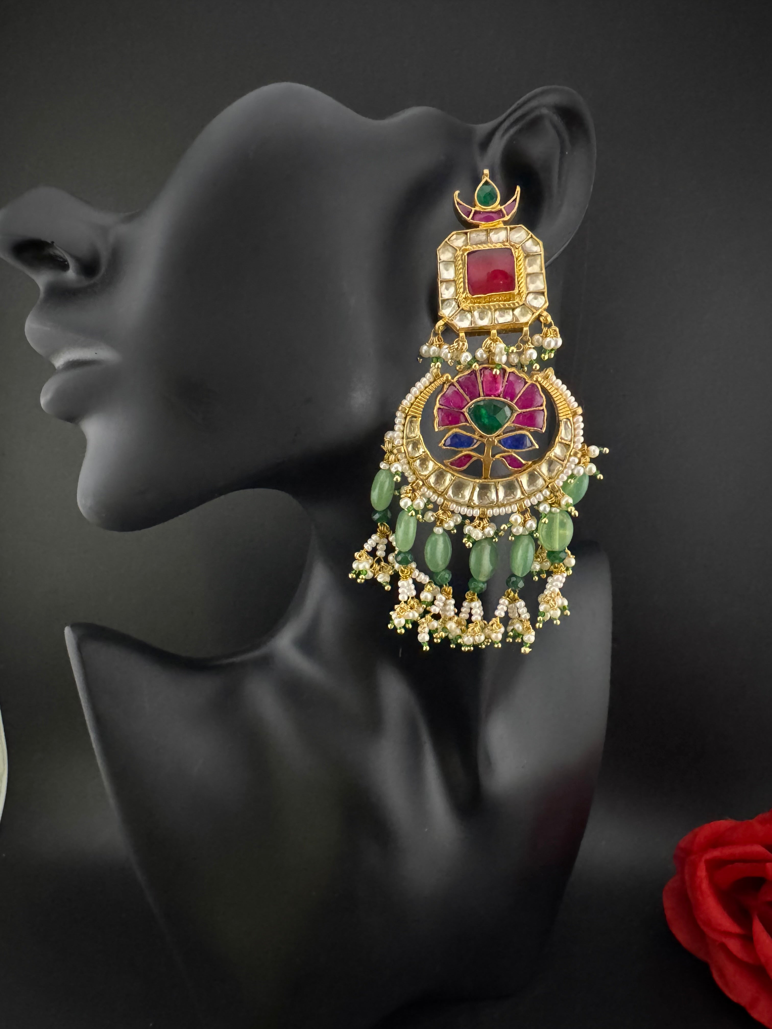 Multicolor pacchi Kundan stones Pearls Oversized Chandelier Long Earrings, Bridal, Designer jewelry
