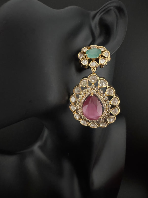 Pink and Green Kundan, CZ, Chandbali Earrings, High shine, Bridal, Moissanite, Tyaani inspired Designer jewelry
