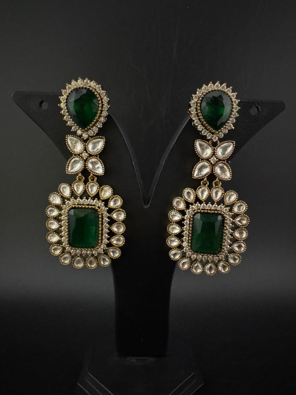 Green and Gold Kundan, Stone Chandelier Drop Earrings, Bridal, Moissanite, CZ, Designer jewelry