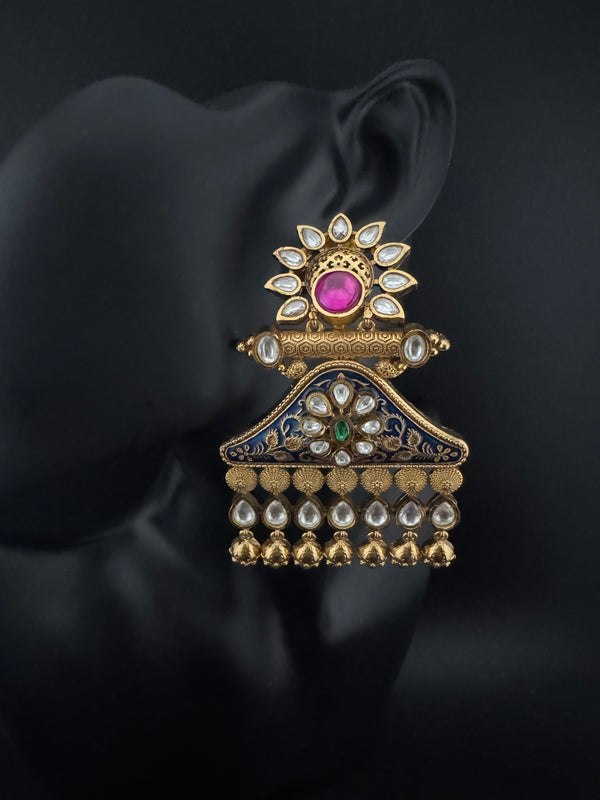Amrapali inspired Matt Gold, kundan, Enamel, Oversized ChandBali long Earrings, designer jewelry