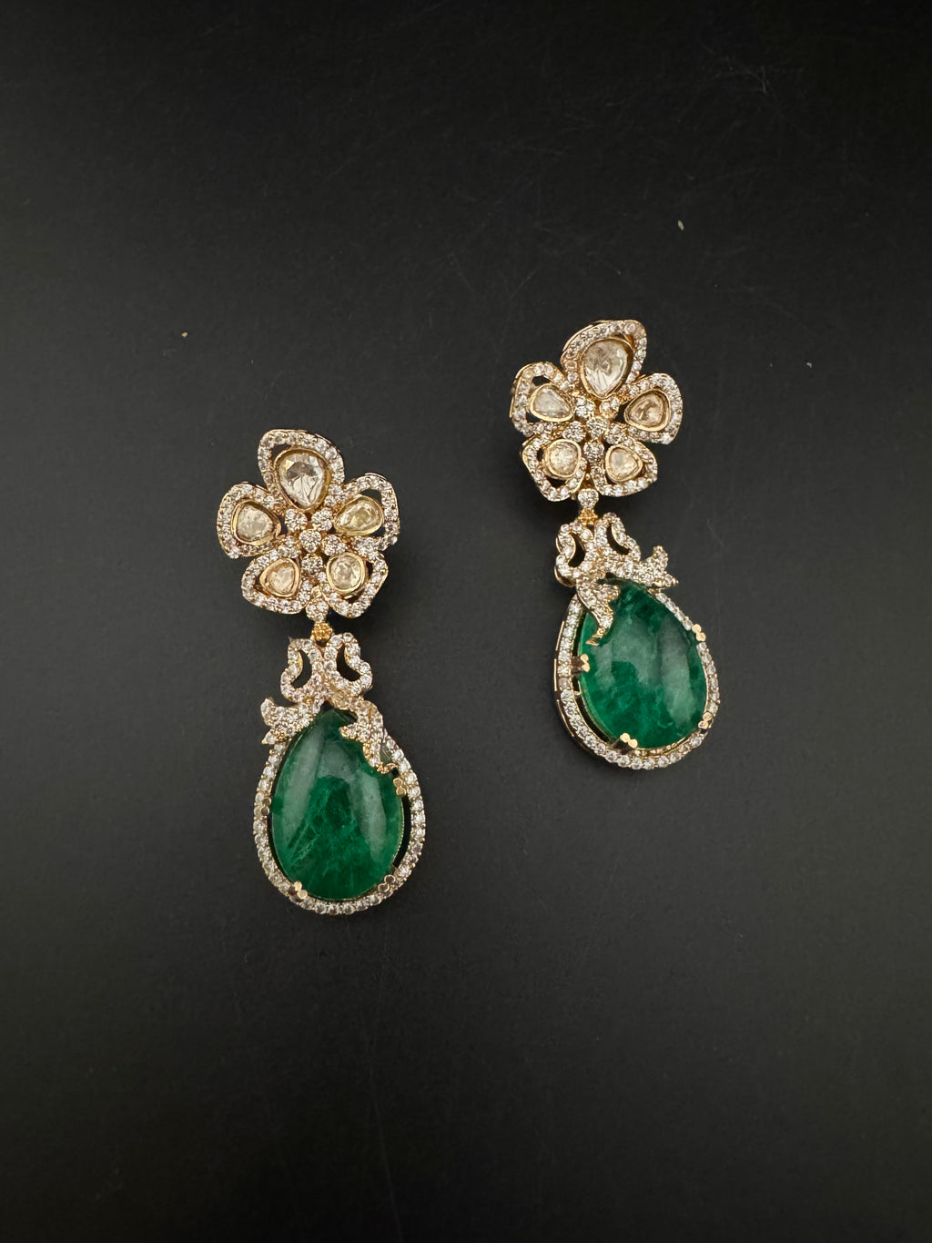 Green and Gold Kundan, Doublet Stone Chandelier Drop Earrings, Bridal, Moissanite, CZ, Designer jewelry