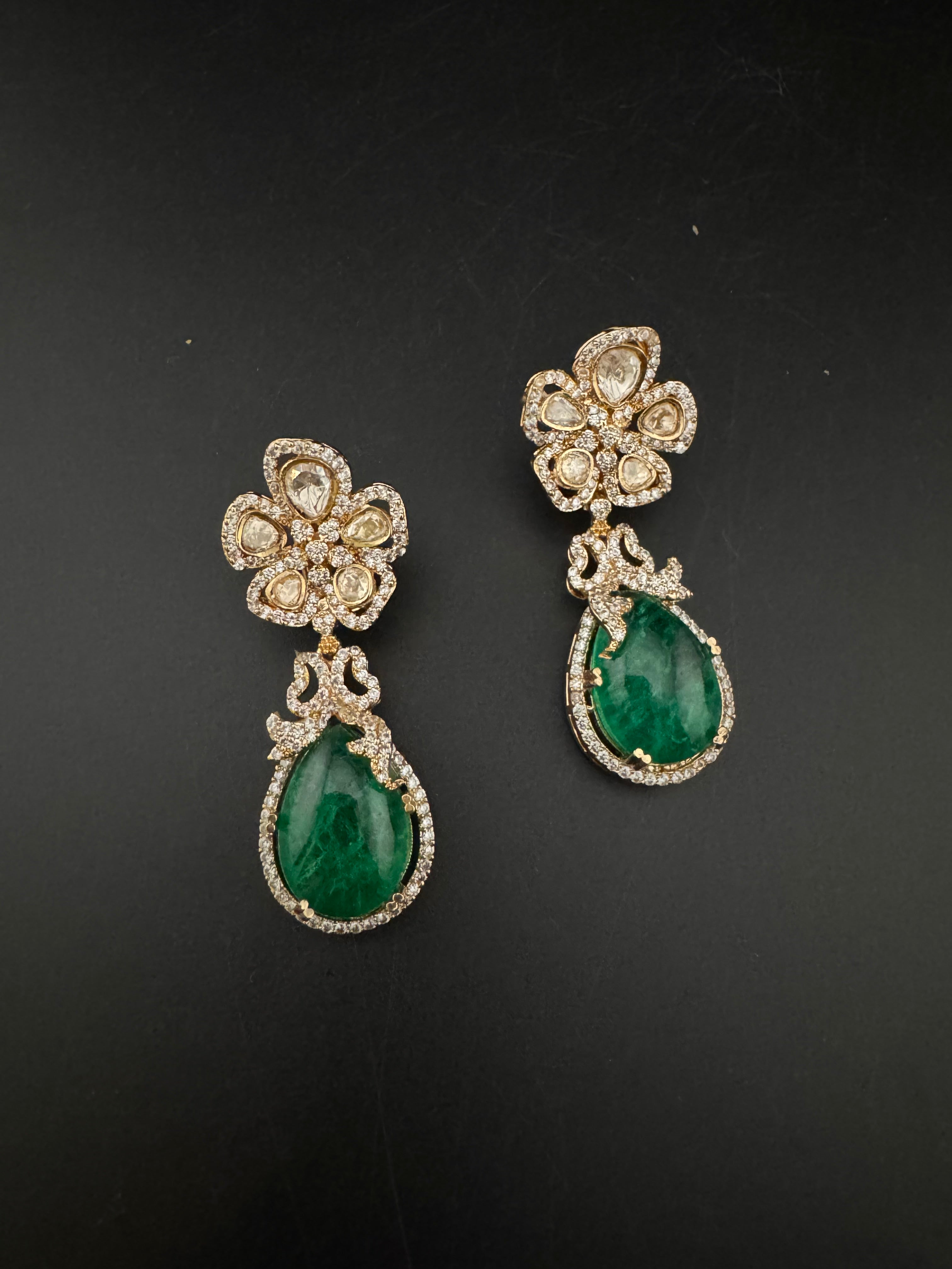 Green and Gold Kundan, Doublet Stone Chandelier Drop Earrings, Bridal, Moissanite, CZ, Designer jewelry
