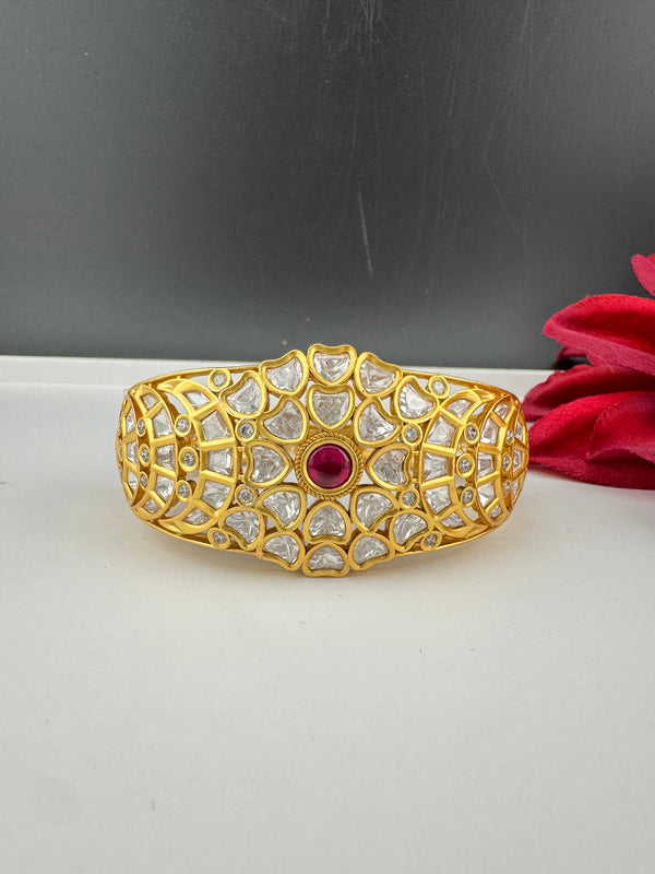 Moissanite Kundan, CZ Openable Bracelet Bangle, Gold Polish (Fits 2.6" wrists)