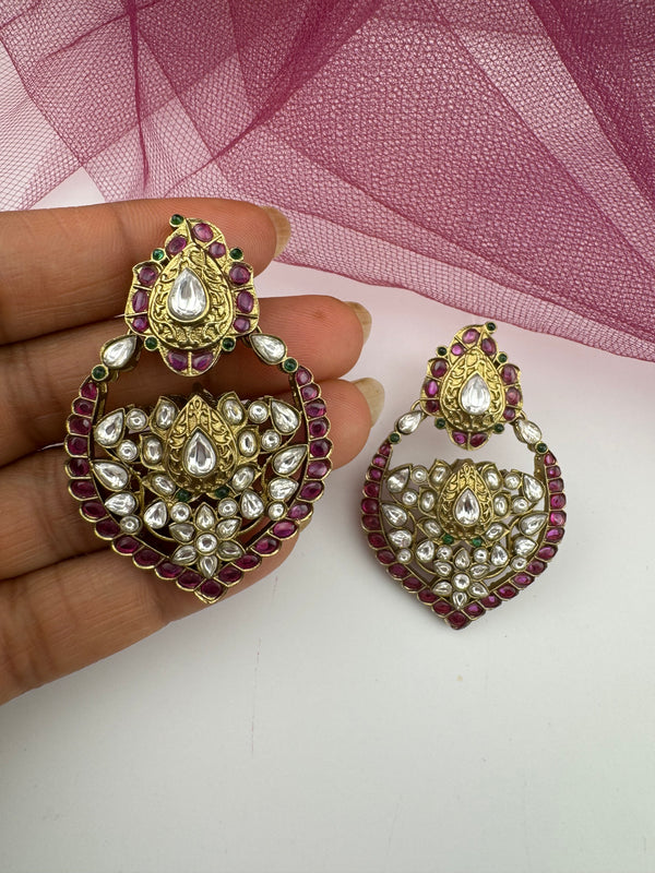 Amrapali inspired, Matt Gold with uncut kundan and CZ chandbali earrings