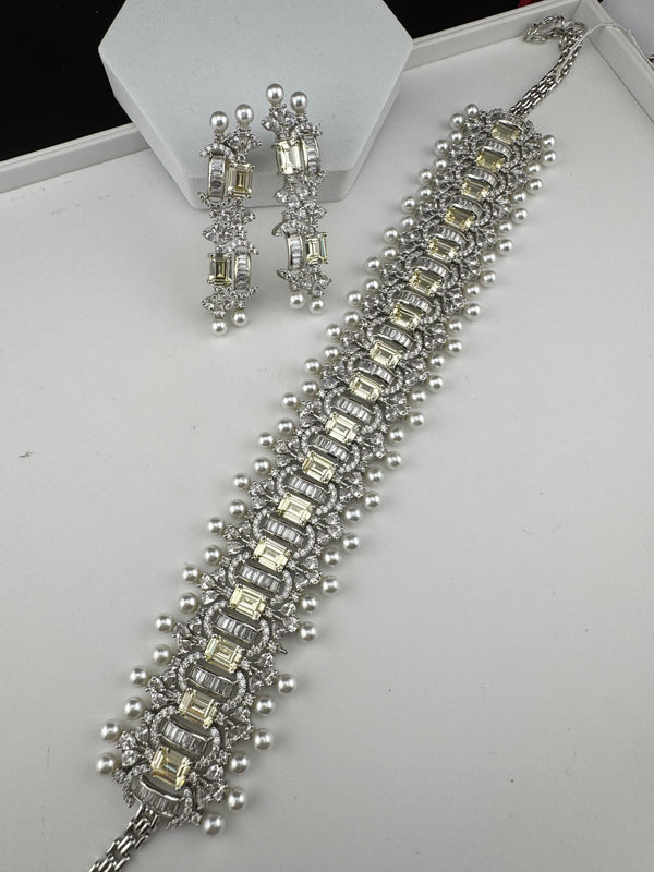 Step cut Crystals and CZ Diamond Statement Necklace Set, White Gold Plated Choker set