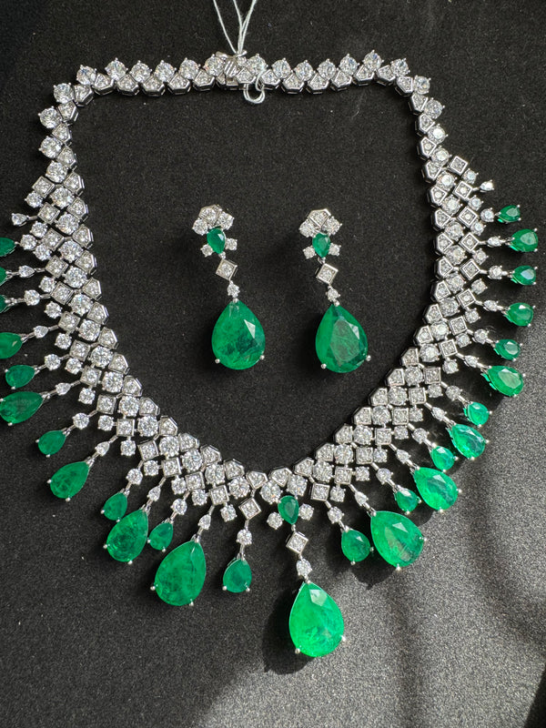 Green Doublet stone, Crystals and CZ Diamond all over Necklace Set, White Gold Plated