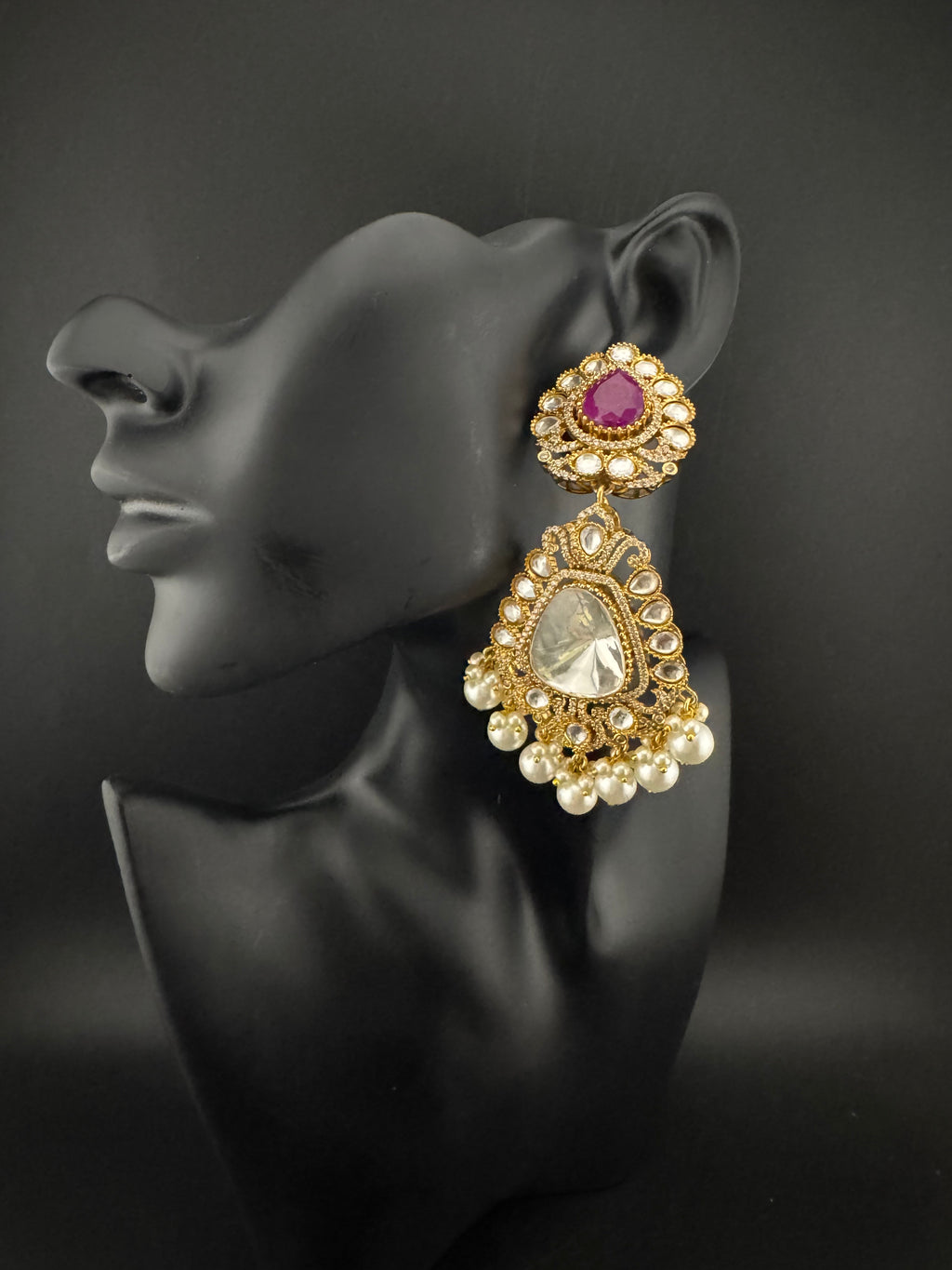 Purple and Gold Kundan, Pearls Chandelier Long Earrings, Bridal, Moissanite, CZ, Designer jewelry