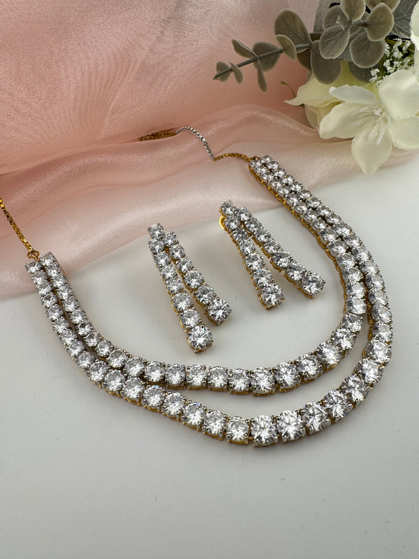 Crystals and CZ Diamond 2 layer gold Necklace Set, Gold Plated Bridal jewelry