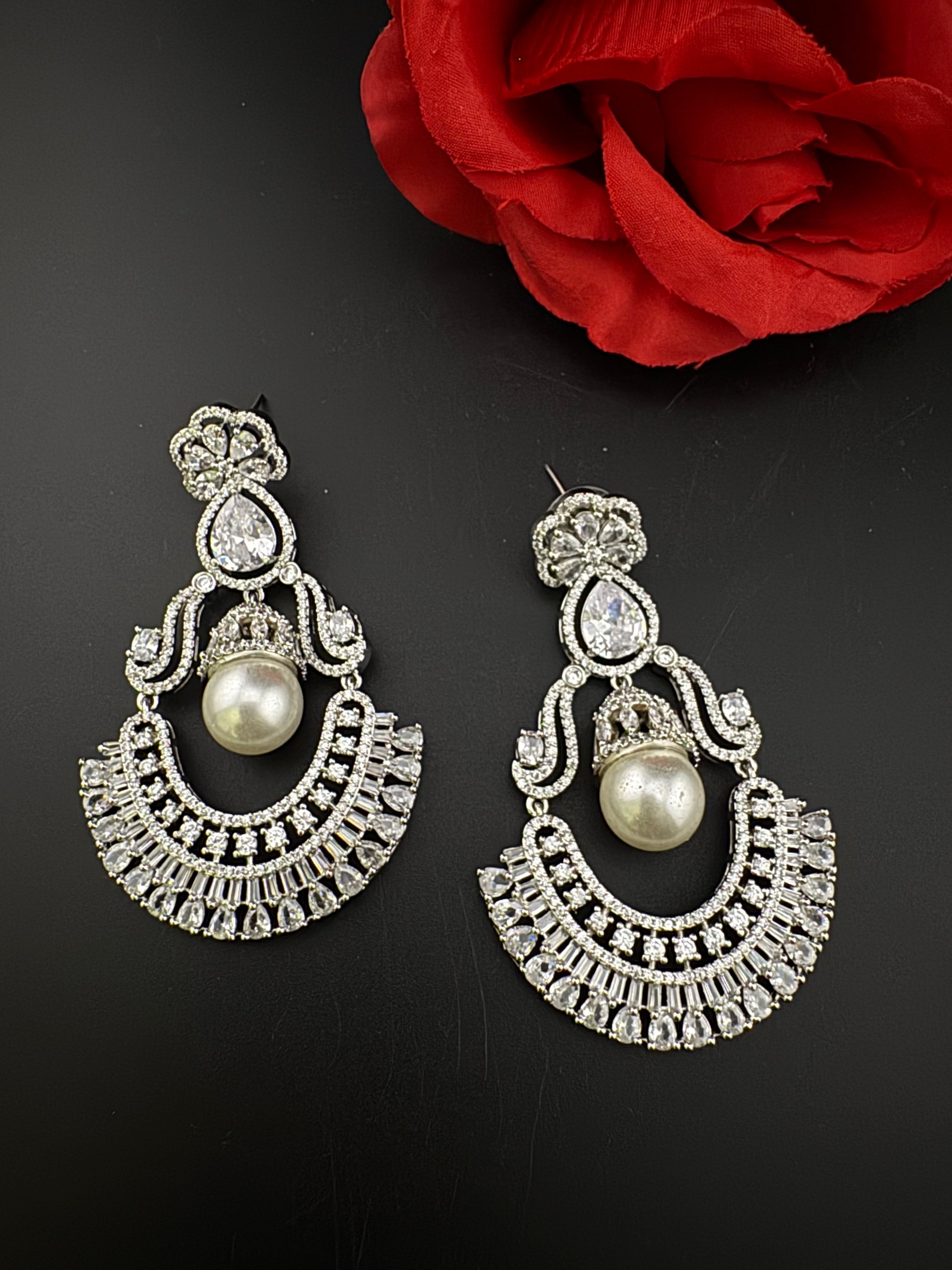 Premium Cubic Zirconia Pearl Chandelier Oversized earrings is designer Inspired, Statement Long earring, Bridal, Party, Wedding jewelry,