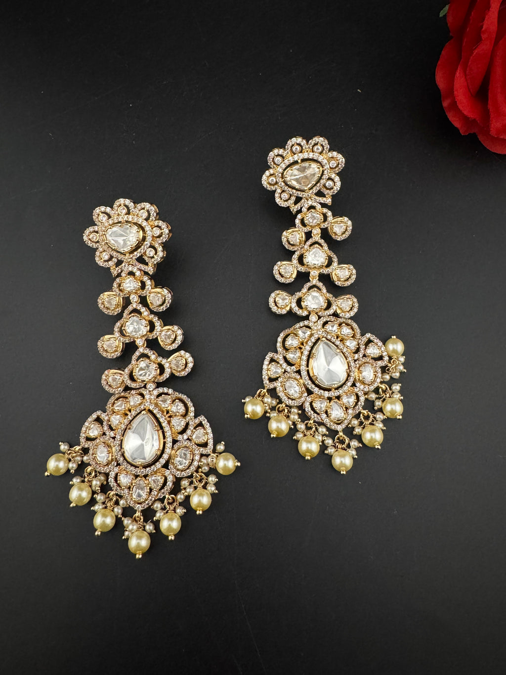 White and Gold Kundan, Pearls Chandelier Long Earrings, Bridal, Moissanite, CZ, Designer jewelry
