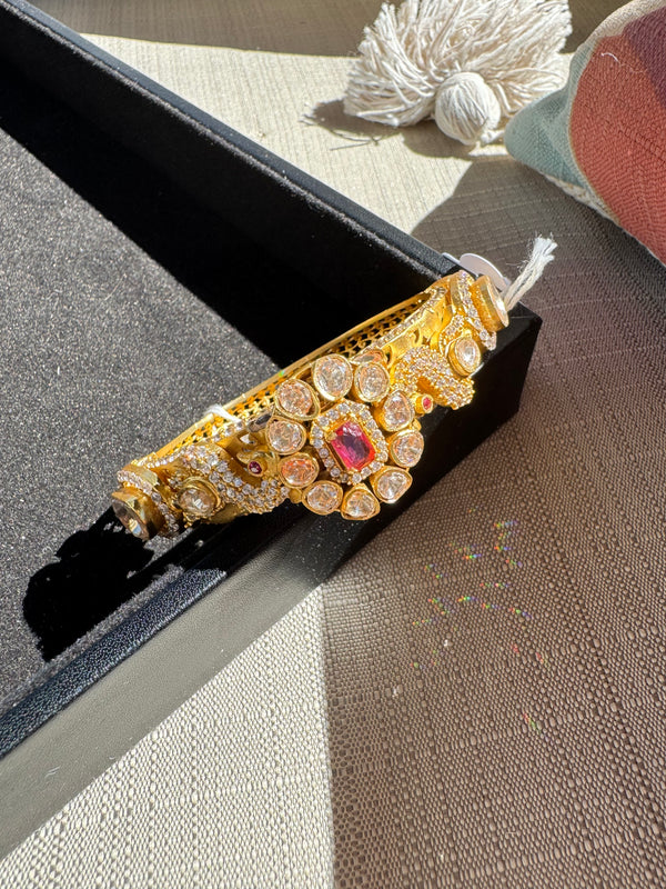 Peacock Amarapali inspired Moissanite Kundan, CZ, Stone Bracelet Bangle, Gold Polish (Fits 2.6" wrists)