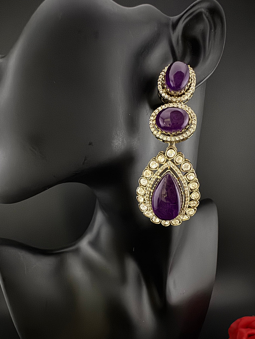 Purple and Gold Kundan, Doublet Stone Chandelier Long Earrings, Bridal, Moissanite, CZ, Designer jewelry