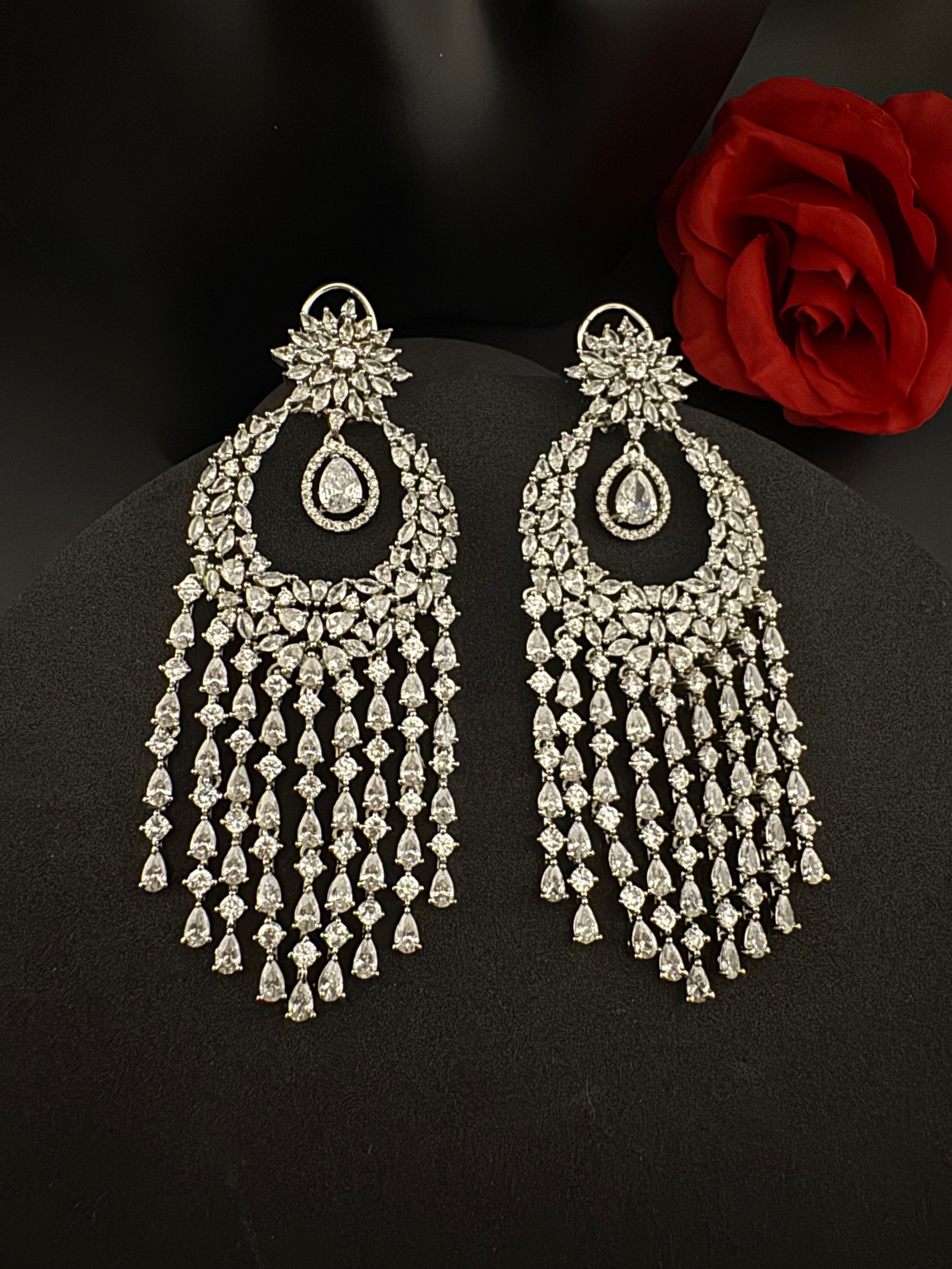 Premium Cubic Zirconia Chandelier Oversized earrings is designer Inspired, Statement Long earring, Bridal, Party, Wedding jewelry,