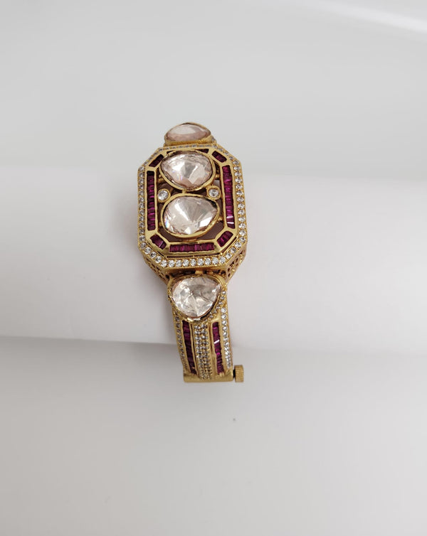 Moissanite Kundan, CZ Openable Bracelet Bangle, Gold Polish (Fits 2.6" wrists)