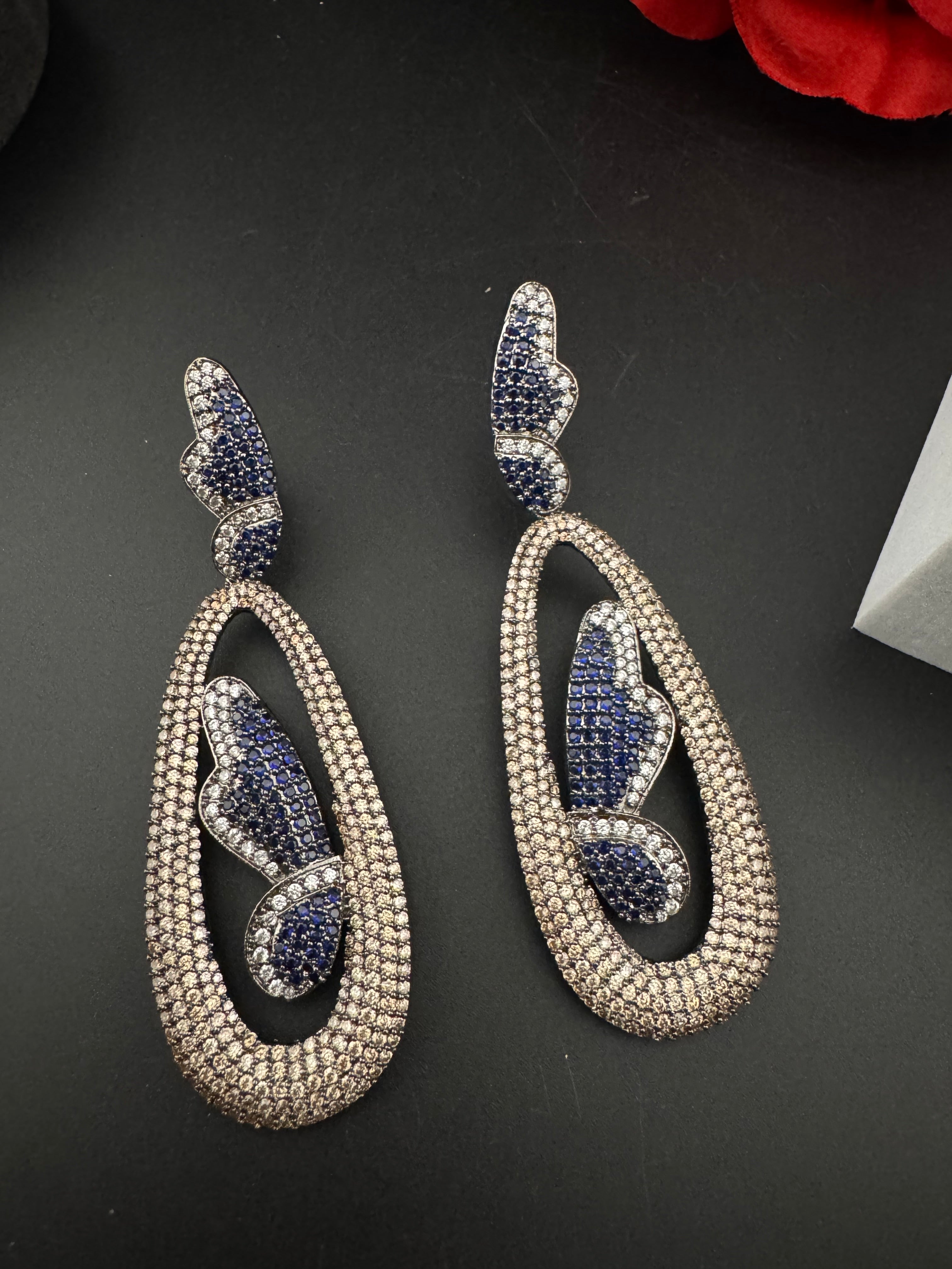 Premium Nano Setting Cubic Zirconia Victorian Long earrings in Butterfly Drop shape, designer Inspired Statement long drop dangle earrings