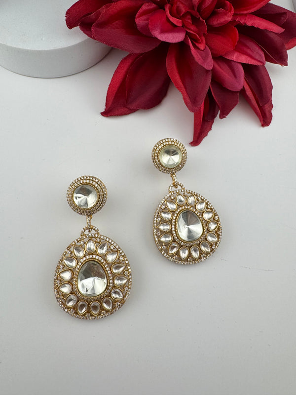 Golden Kundan, CZ, Chandbali Earrings, High shine, Bridal, Moissanite, Designer jewelry