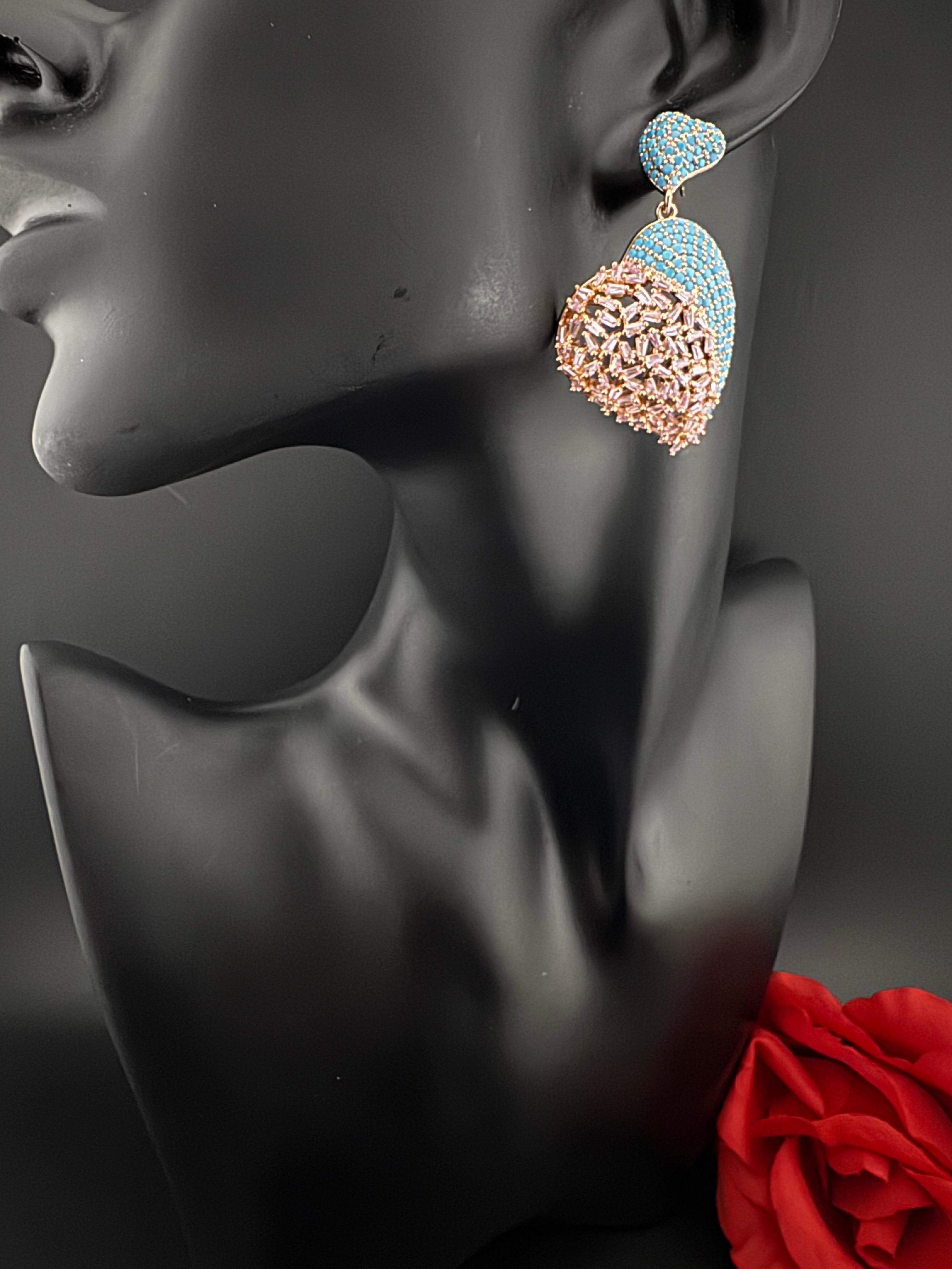 Premium Nano Setting Multicolor Cubic Zirconia, Crystal stones in Unique setting is designer Inspired Statement Heart shaped earrings