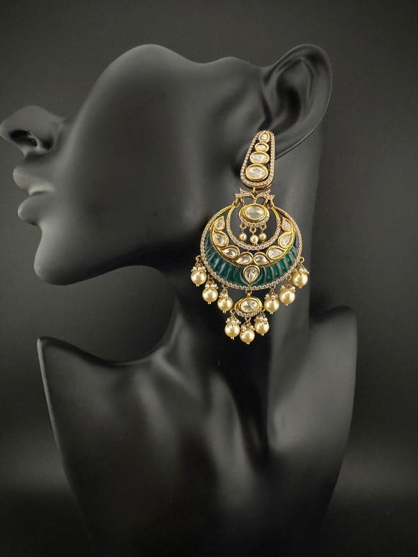 Green and Gold, pacchi Kundan, Pearls Chandelier Long Earrings, Bridal, Moissanite, CZ, Designer jewelry