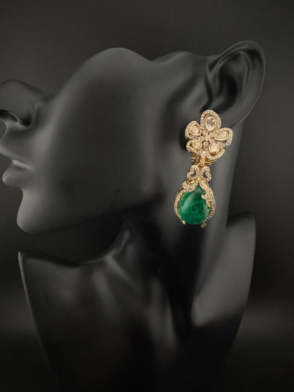 Green and Gold Kundan, Doublet Stone Chandelier Drop Earrings, Bridal, Moissanite, CZ, Designer jewelry