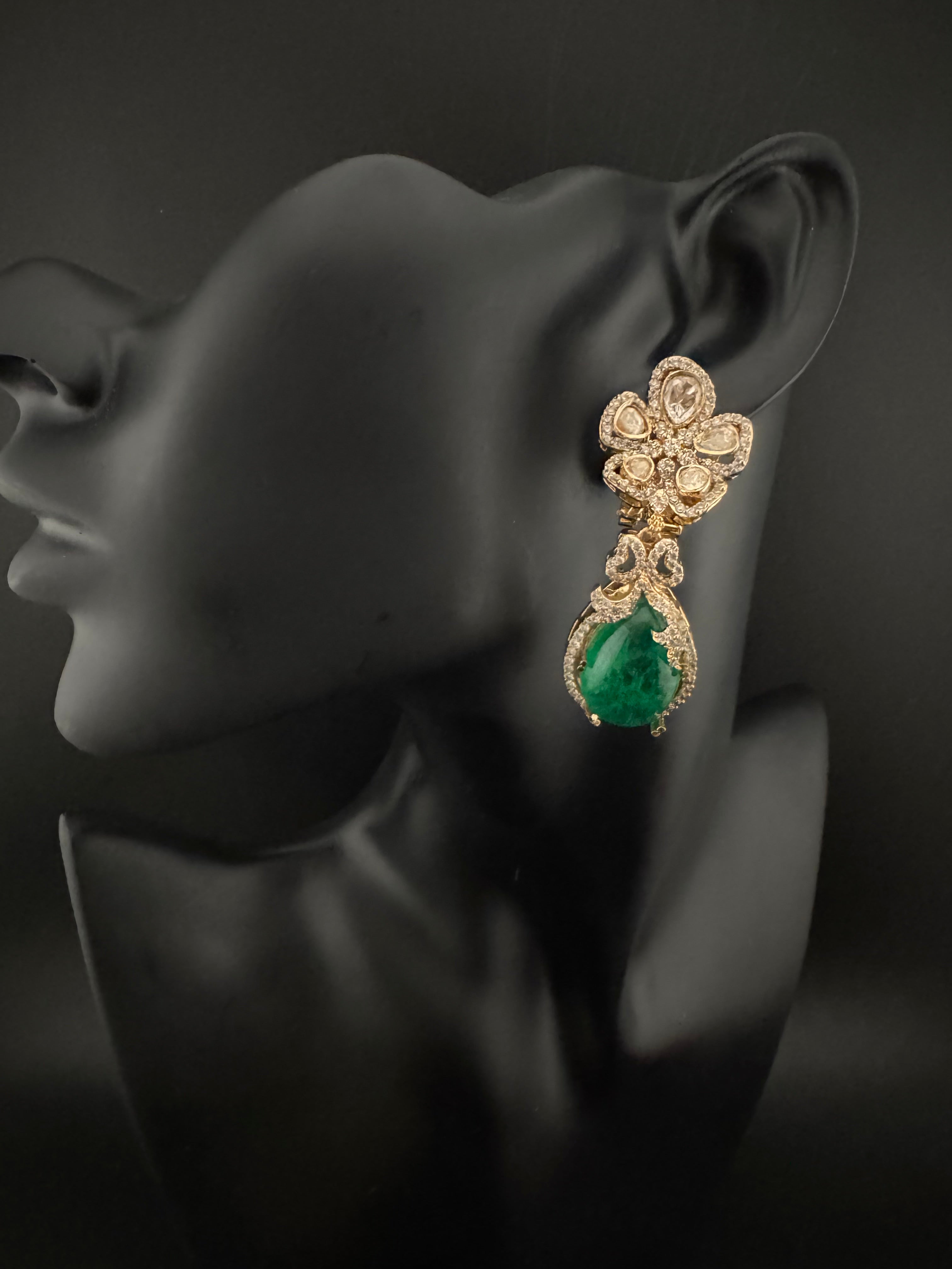 Green and Gold Kundan, Doublet Stone Chandelier Drop Earrings, Bridal, Moissanite, CZ, Designer jewelry