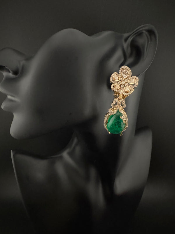 Green and Gold Kundan, Doublet Stone Chandelier Drop Earrings, Bridal, Moissanite, CZ, Designer jewelry