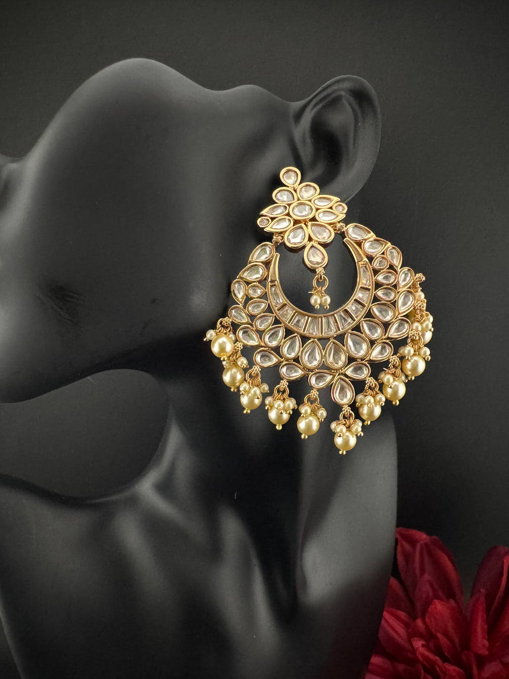 White and Gold Kundan, Pearls Chandelier Earrings, High shine Bridal, Moissanite ,CZ, Designer jewelry