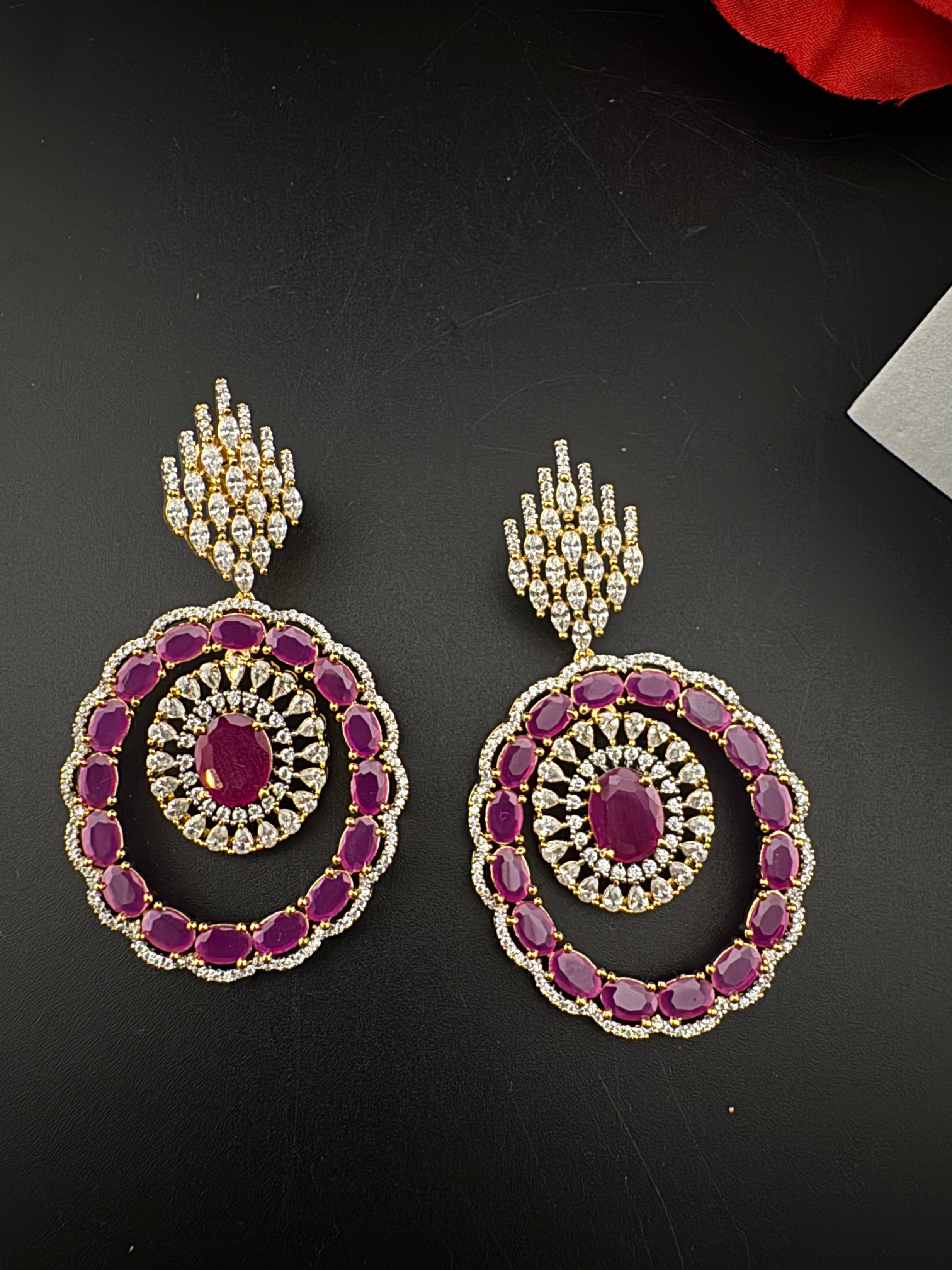 Premium Stones, Cubic Zirconia in gold color is designer Inspired Statement Big Circular Dangle earring/Indian, Bridal, bridesmaid gift