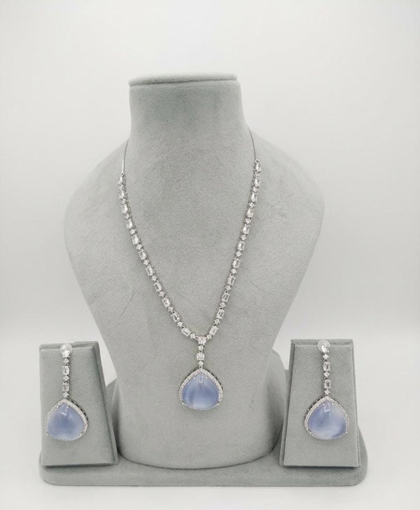 Stone and CZ Diamond Pendant Necklace Set, White Gold Plated set