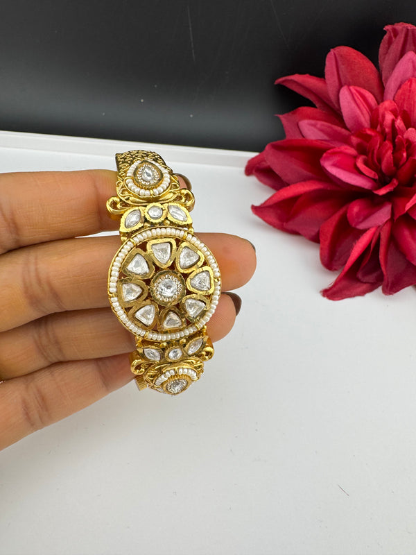 Moissanite Kundan, Pearl, CZ Designer Bracelet Bangle, Matt Gold Polish (Fits upto 2.6" Wrist)