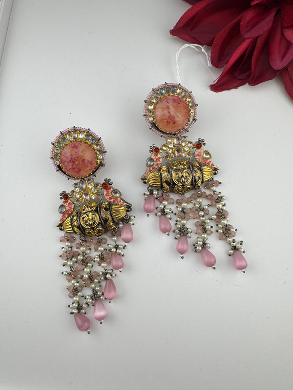 Matt Gold, kundan, Doublet stone, Pearls ChandBali Very long Earrings, Amrapali designer jewelry