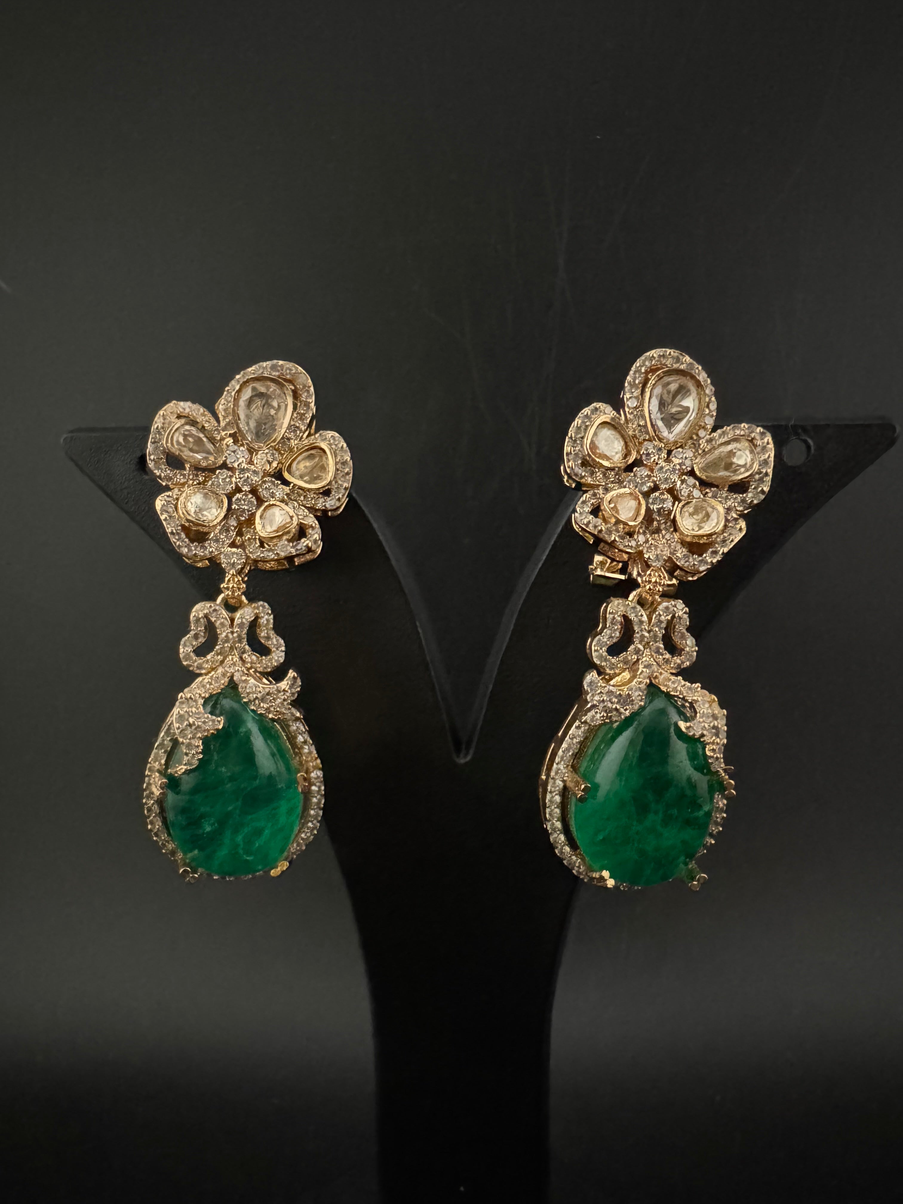 Green and Gold Kundan, Doublet Stone Chandelier Drop Earrings, Bridal, Moissanite, CZ, Designer jewelry