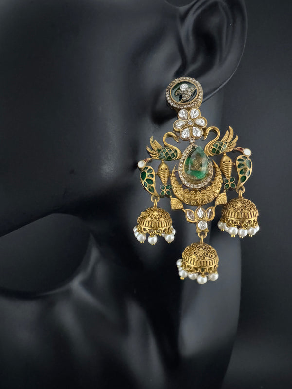 Amrapali inspired Matt Gold, Stone, Enamel, Pearl Oversized ChandBali Jhumka Earrings, designer jewelry