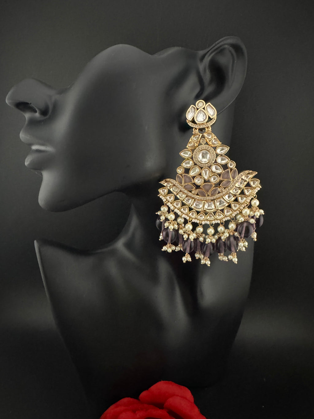 Purple and Gold Kundan Chandelier Earrinngs, High shine Bridal Moissanite CZ, Shiney Gold Designer