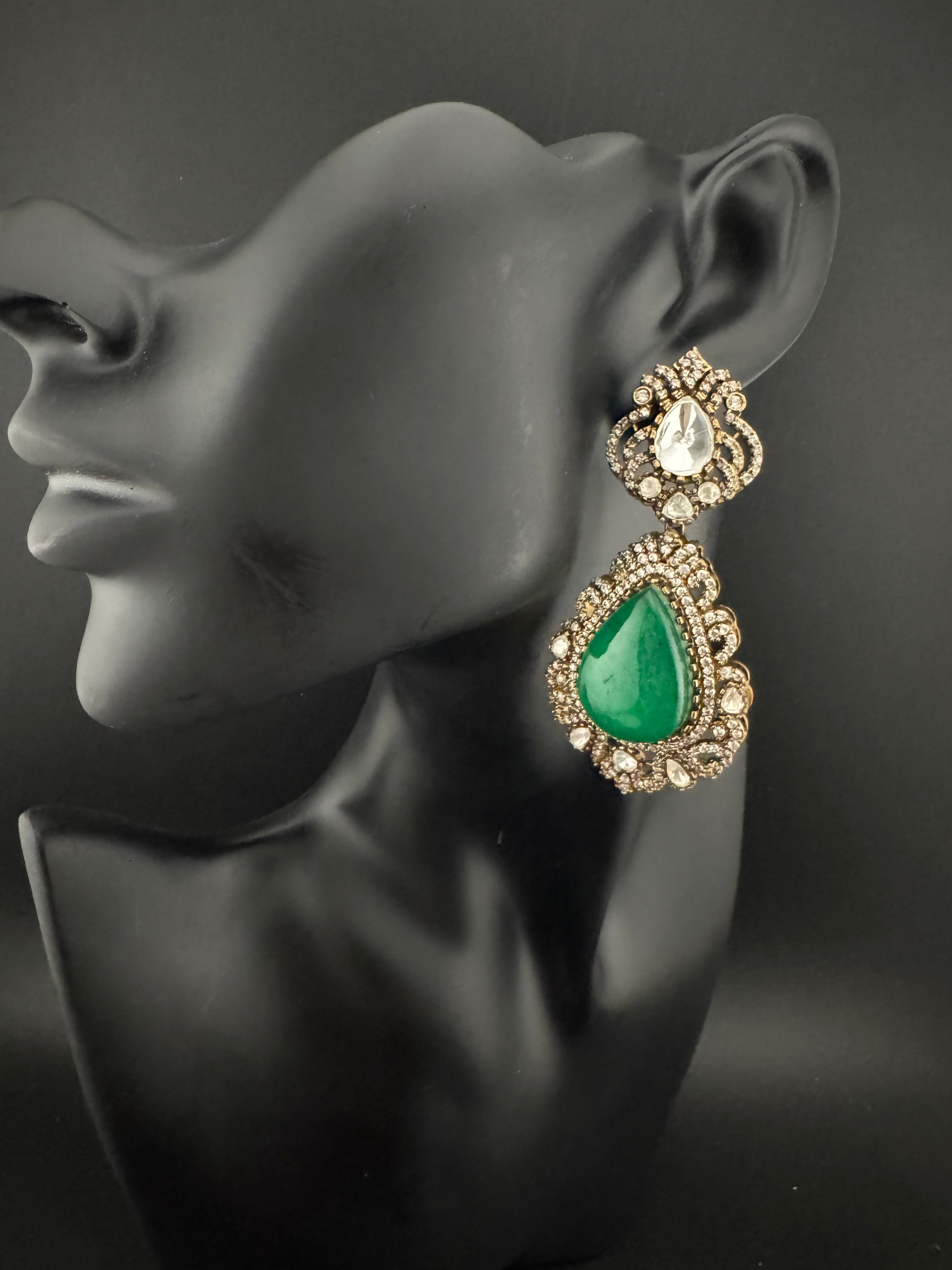 Green and Gold Kundan, Doublet Stone Chandelier Long Earrings, Bridal, Moissanite, CZ, Designer jewelry