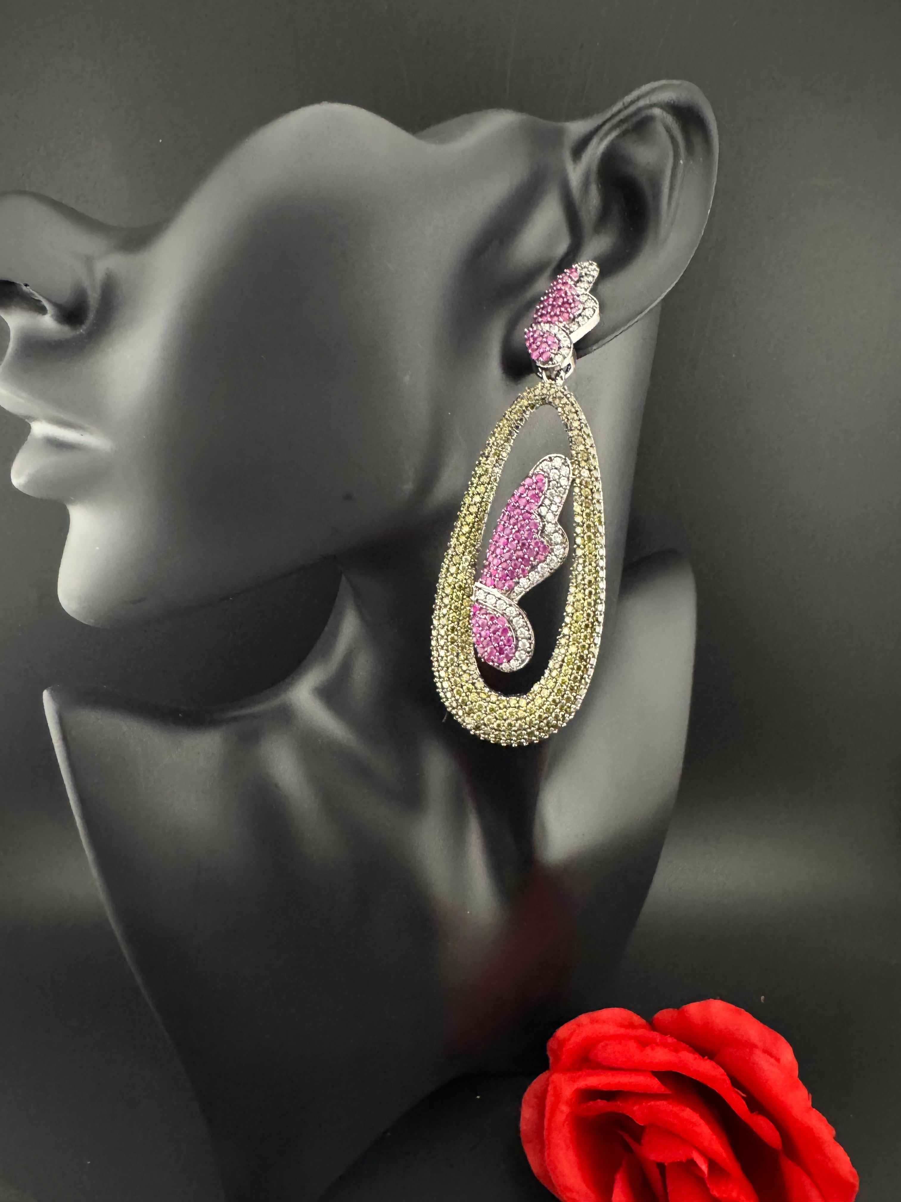 Premium Nano Setting Cubic Zirconia Victorian Long earrings in Butterfly Drop shape, designer Inspired Statement long drop dangle earrings