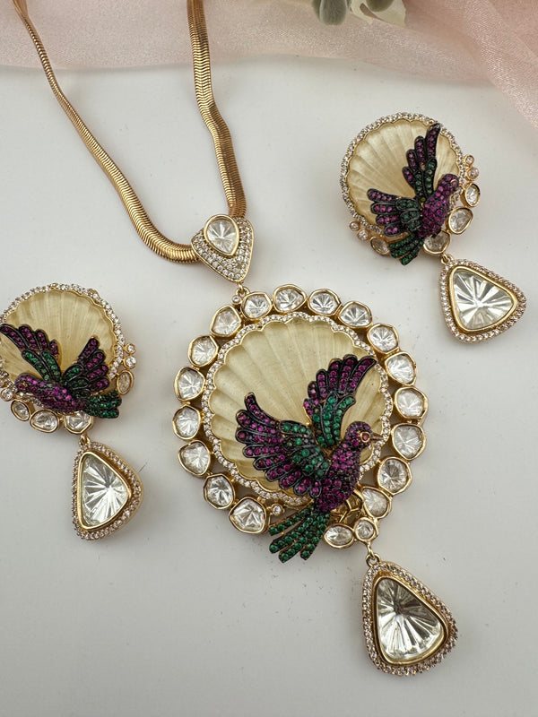 Kundan, CZ, MOP, Uncut Polki Long Pendant necklace set, 3D Pendant, everyday wear jewelry