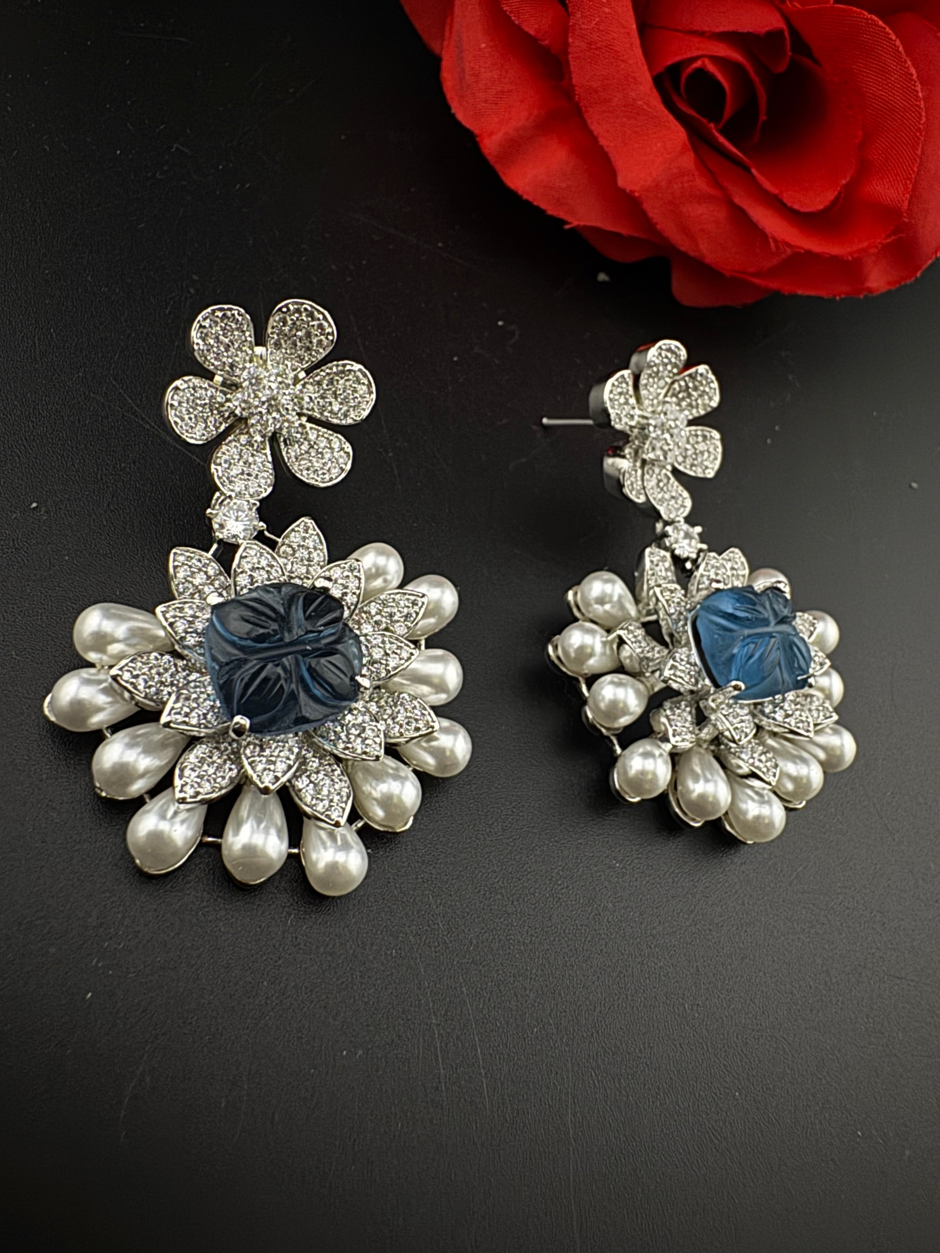 Premium Nano Setting Cubic Zirconia Carved Stone Pearls Drop earrings in unique 3D shape, stylish, Statement earring/Bridal Bridesmaid gift