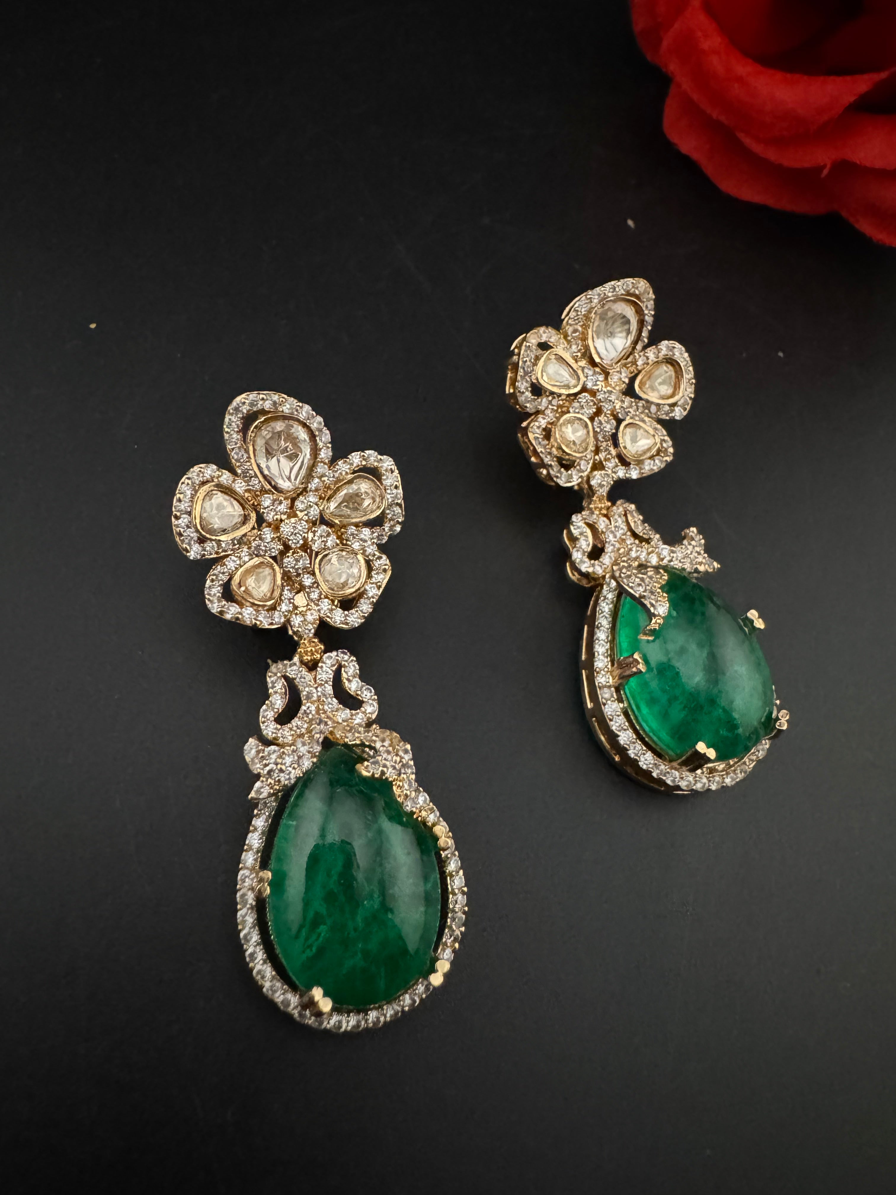 Green and Gold Kundan, Doublet Stone Chandelier Drop Earrings, Bridal, Moissanite, CZ, Designer jewelry