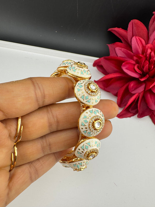 Moissanite Kundan, Enamel, CZ Rajwadi Pacheli Bracelet Bangle Kada, Gold Polish(fits 2.6" wrists)
