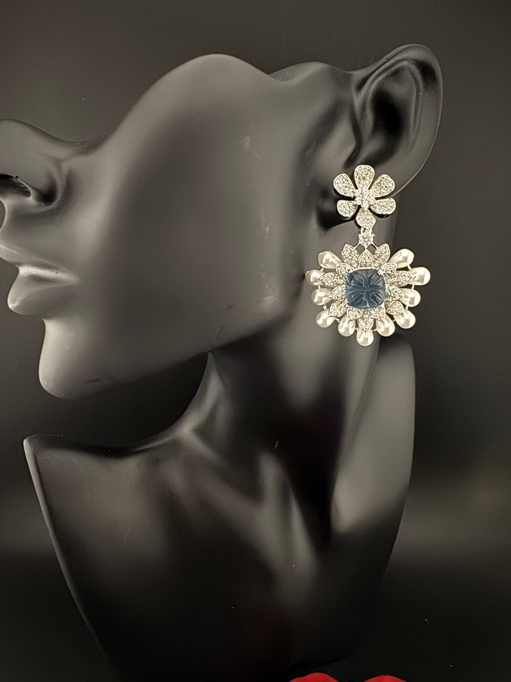 Premium Nano Setting Cubic Zirconia Carved Stone Pearls Drop earrings in unique 3D shape, stylish, Statement earring/Bridal Bridesmaid gift