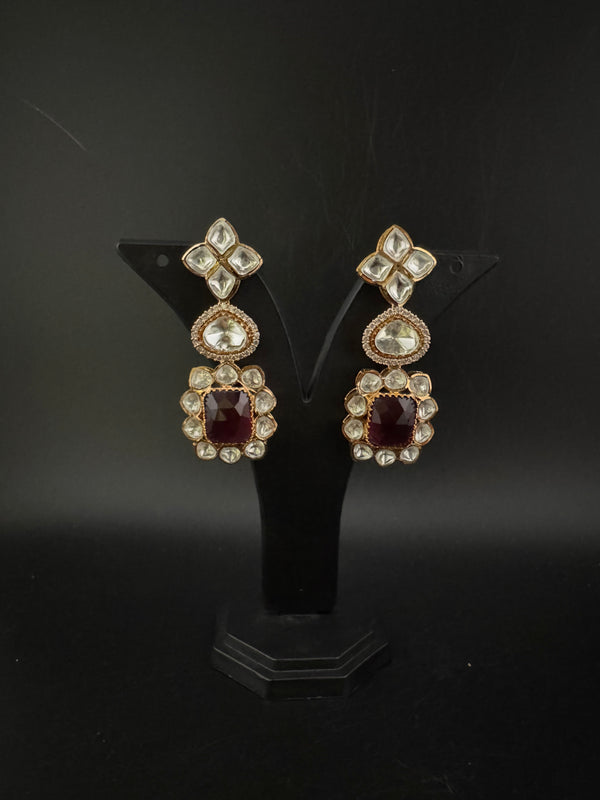 Red and Gold Kundan, Stone Chandelier Drop Earrings, Bridal, Moissanite, CZ, Designer jewelry
