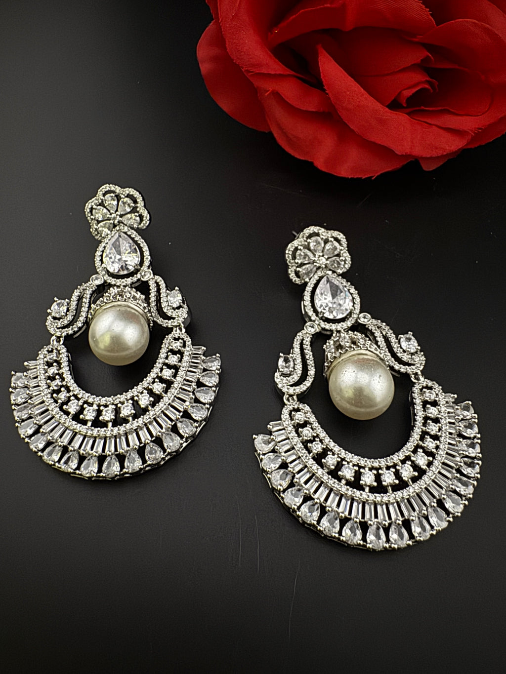 Premium Cubic Zirconia Pearl Chandelier Oversized earrings is designer Inspired, Statement Long earring, Bridal, Party, Wedding jewelry,