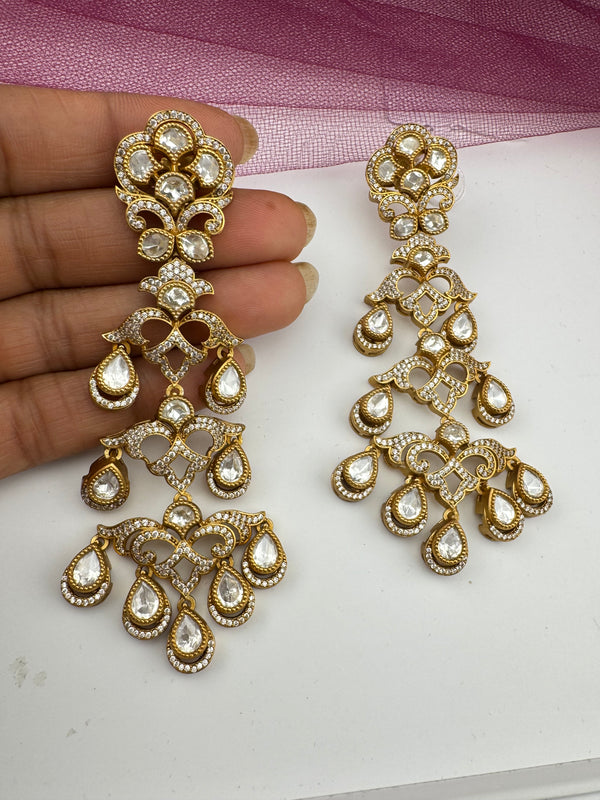 Gold with kundan, cubic zirconia chandbali Long Drop earrings, Indian Jewelry