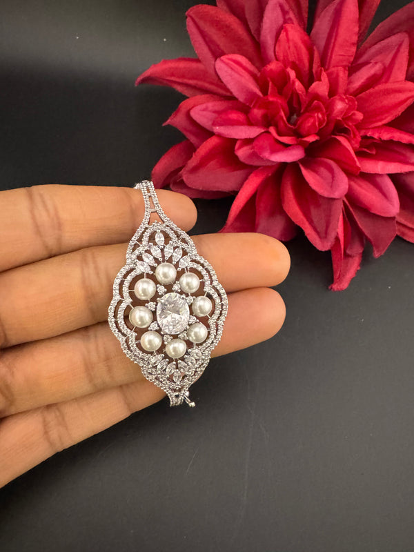 Openable Designer bracelet with Pearls, crystal stones, CZ Nano setting, Fits size upto 2.6"