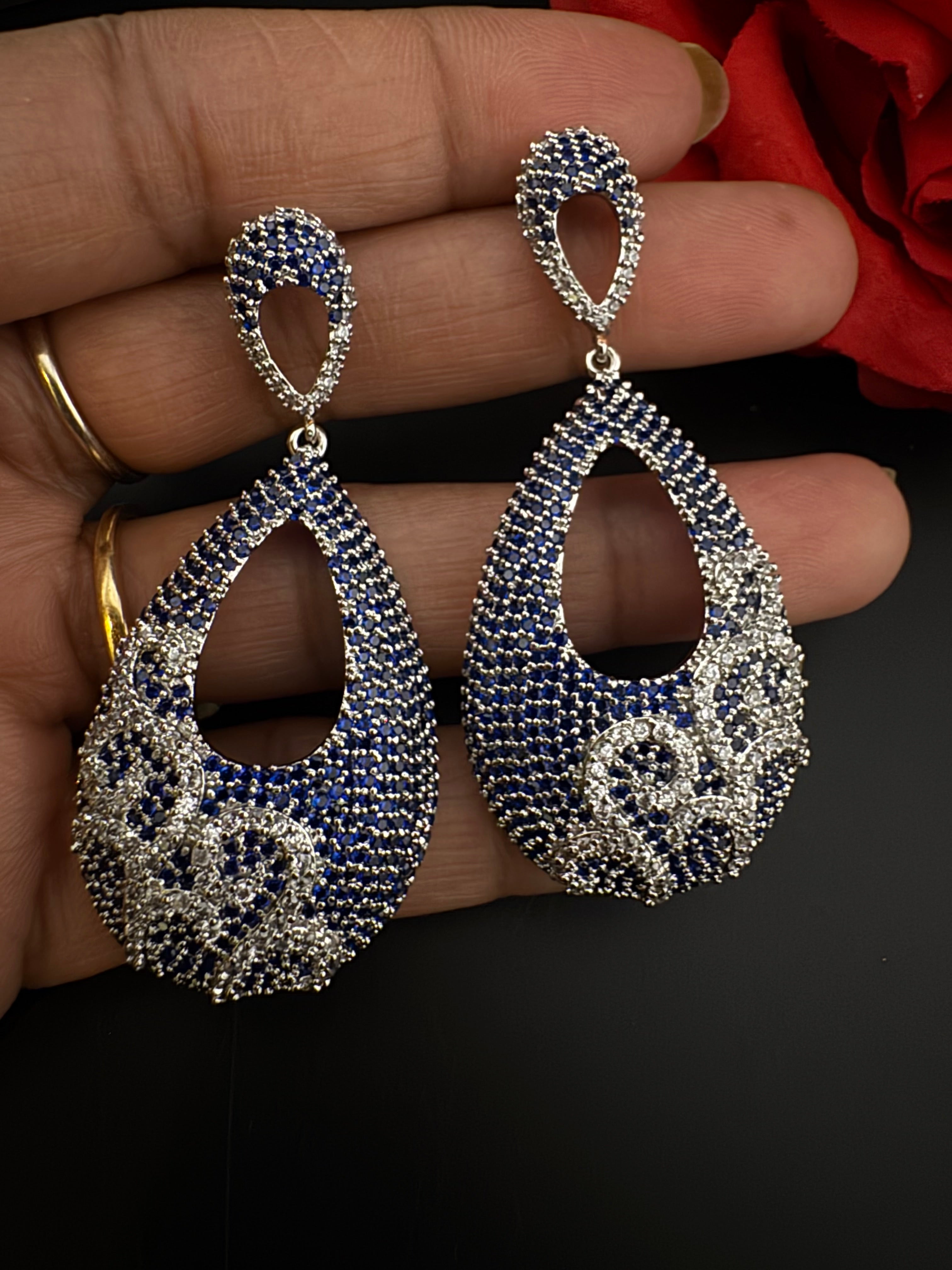 Premium Nano Setting Cubic Zirconia Long earrings in Drop shape, stylish, designer Inspired Statement long earring/Bridal Bridesmaid earring