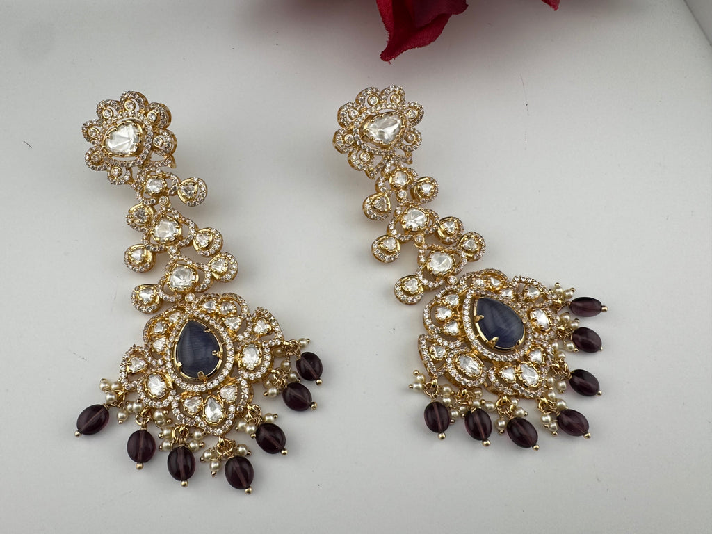 White and Gold Kundan, Pearls Chandelier Long Earrings, Bridal, Moissanite, CZ, Designer jewelry