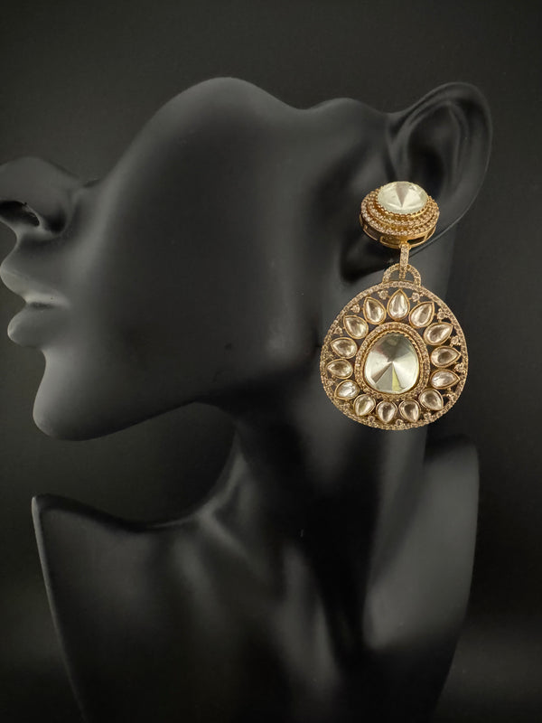 Golden Kundan, CZ, Chandbali Earrings, High shine, Bridal, Moissanite, Designer jewelry