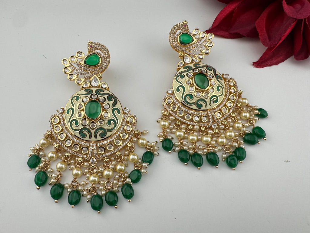 Enamel and Gold Kundan Chandelier Long Earrings, High shine Bridal Moissanite CZ, Designer Earrings